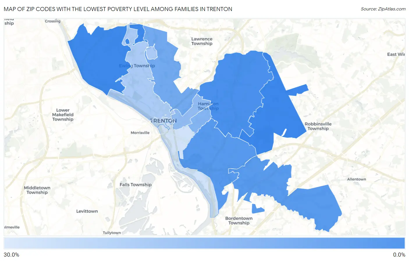 Zip Codes with the Lowest Poverty Level Among Families in Trenton Map