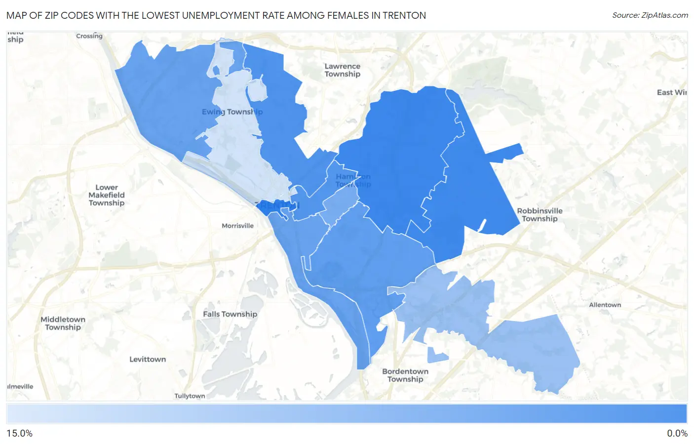 Zip Codes with the Lowest Unemployment Rate Among Females in Trenton Map
