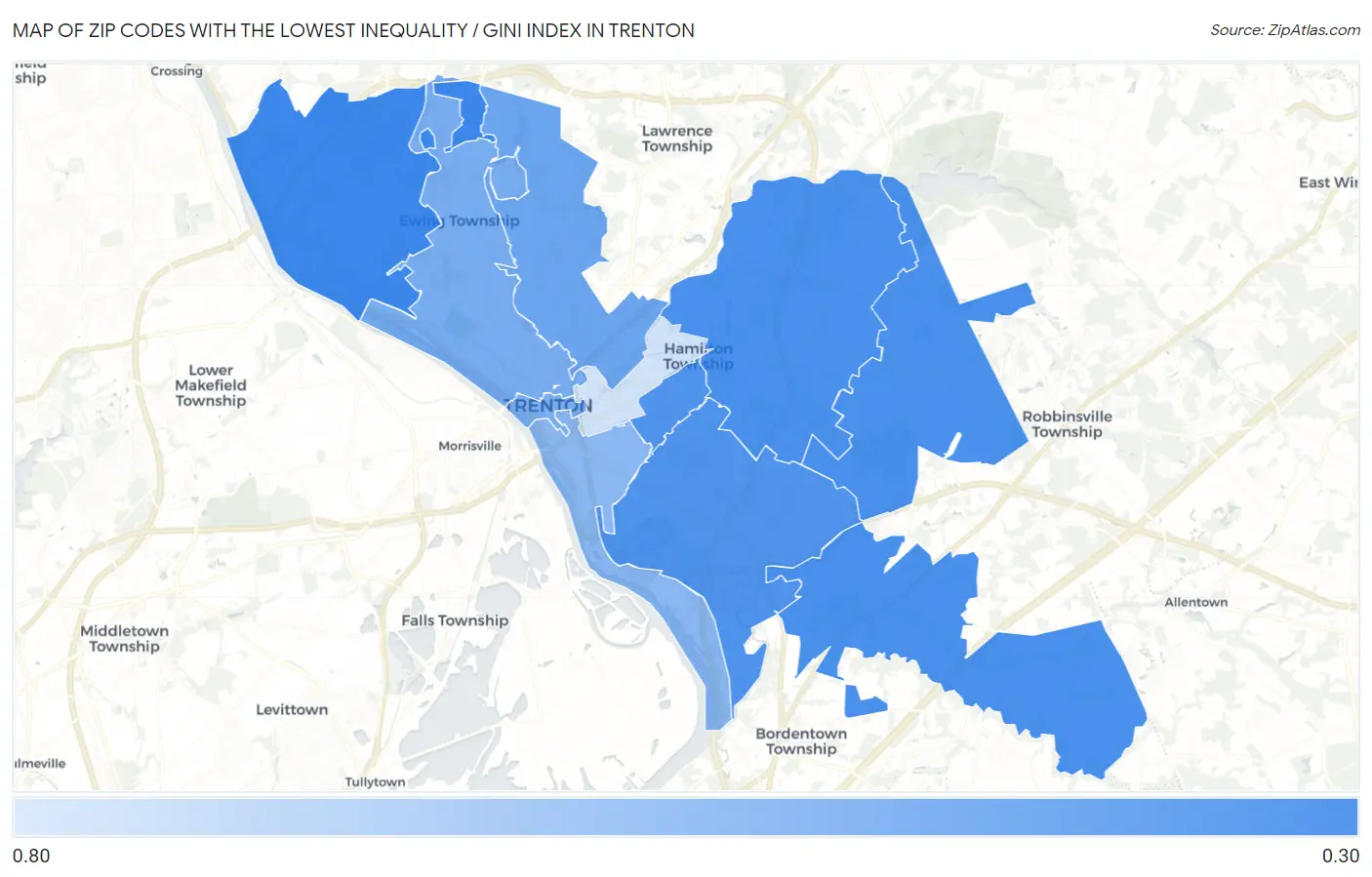 Zip Codes with the Lowest Inequality / Gini Index in Trenton Map