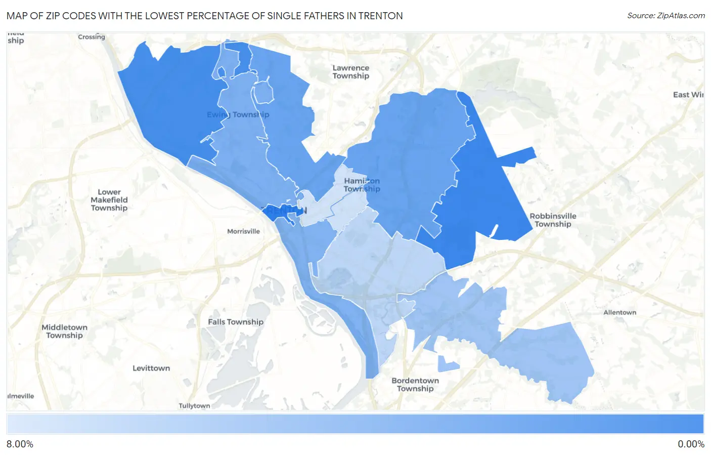 Zip Codes with the Lowest Percentage of Single Fathers in Trenton Map