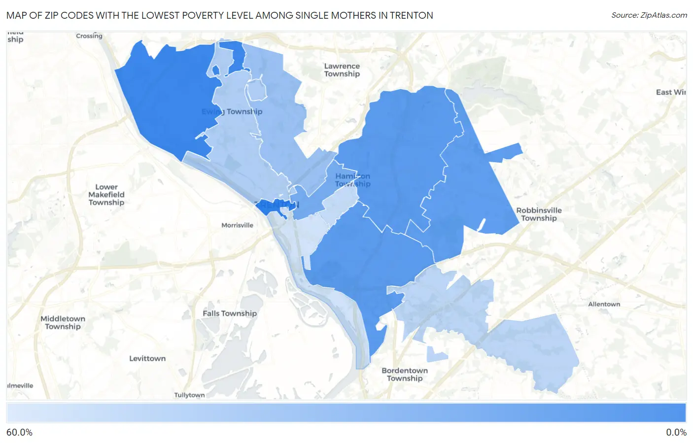 Zip Codes with the Lowest Poverty Level Among Single Mothers in Trenton Map