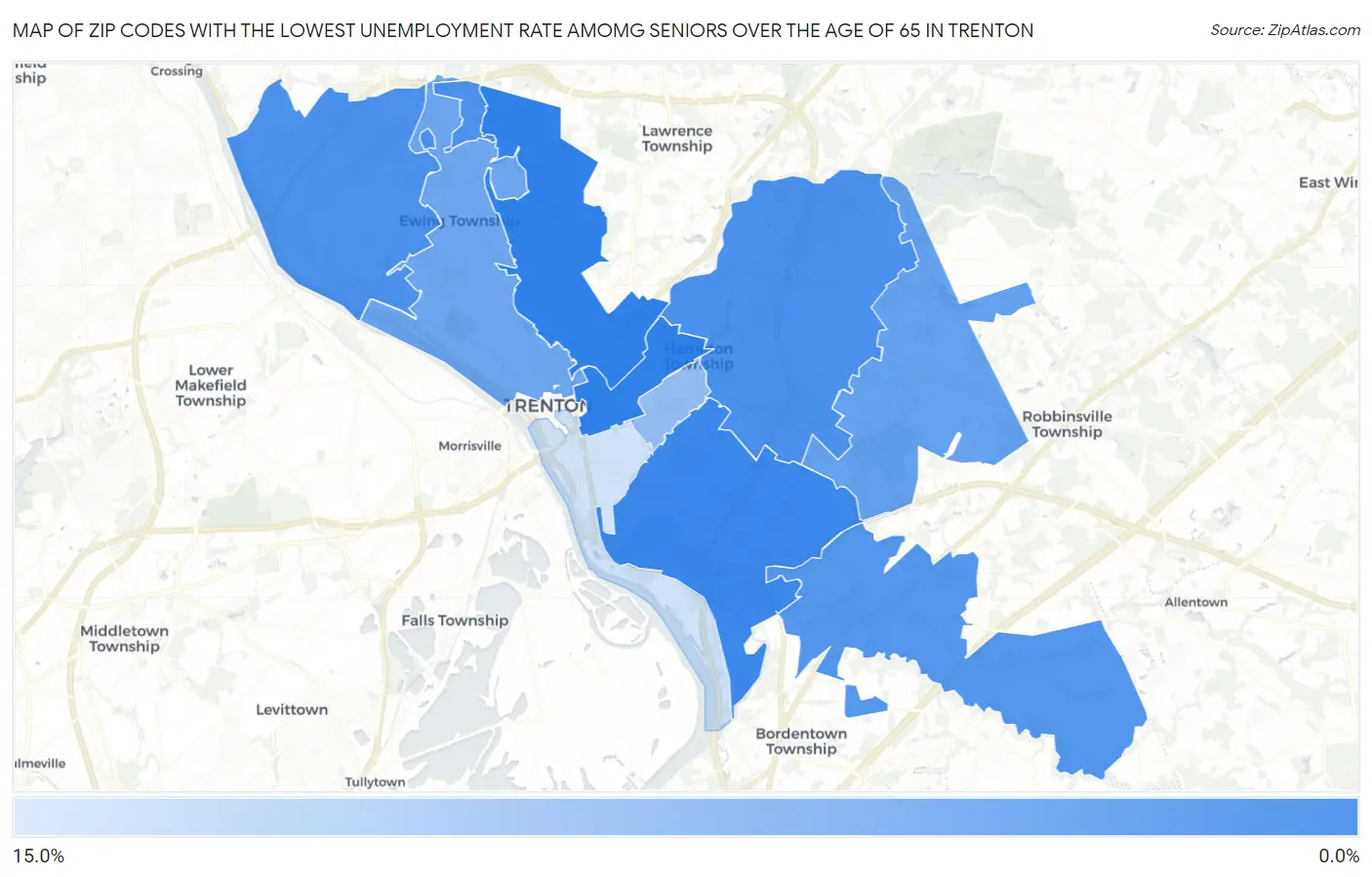 Zip Codes with the Lowest Unemployment Rate Amomg Seniors Over the Age of 65 in Trenton Map