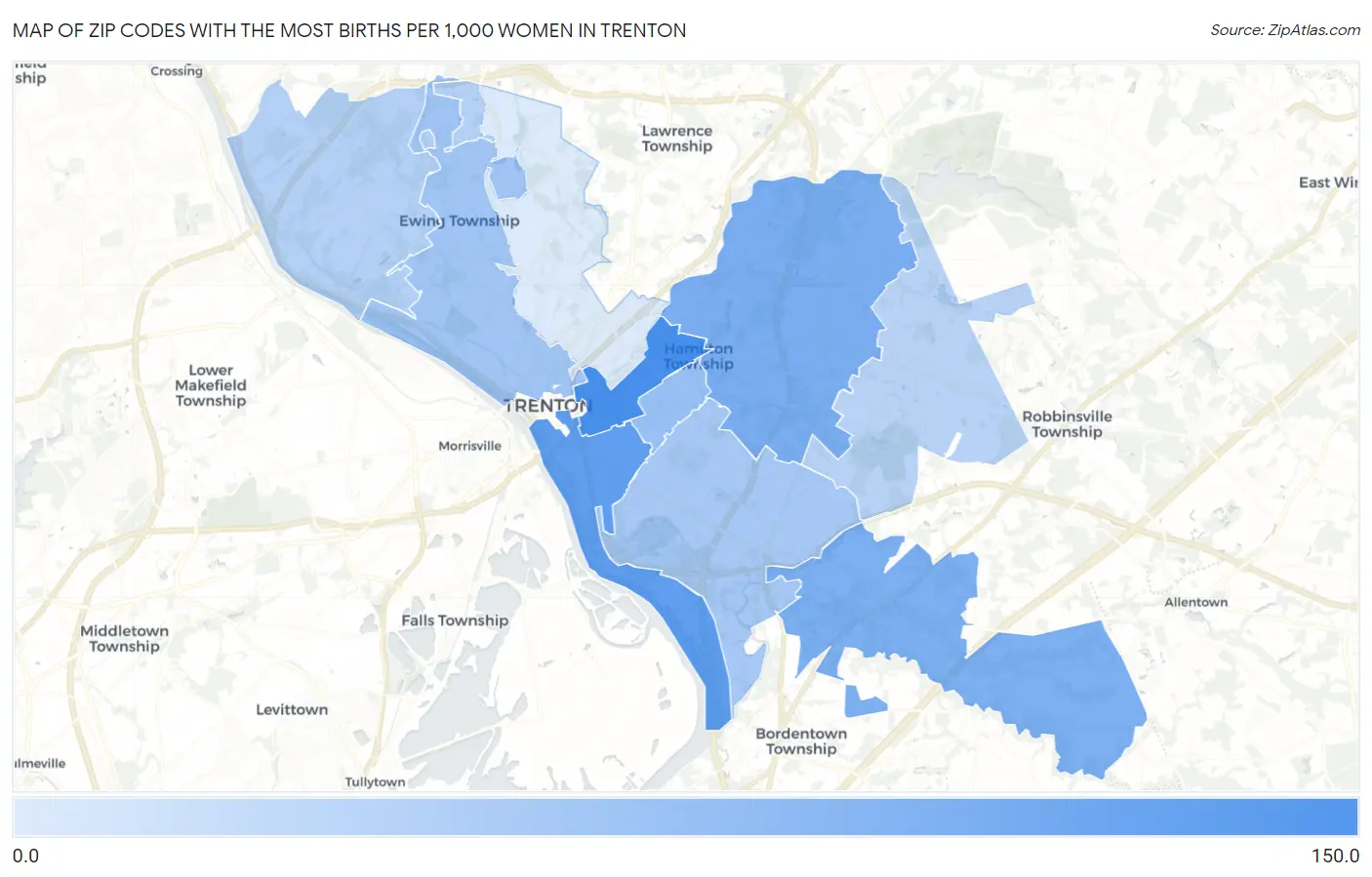 Zip Codes with the Most Births per 1,000 Women in Trenton Map