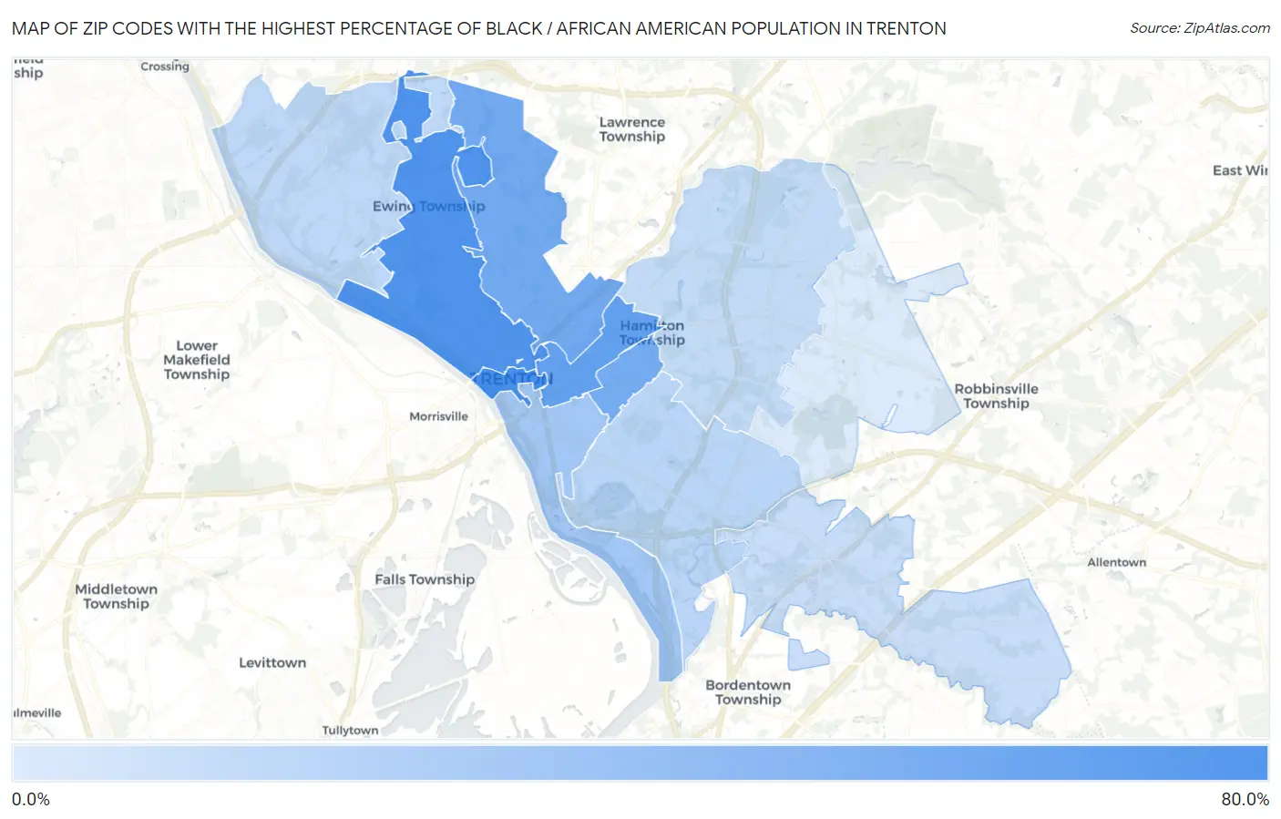 Zip Codes with the Highest Percentage of Black / African American Population in Trenton Map