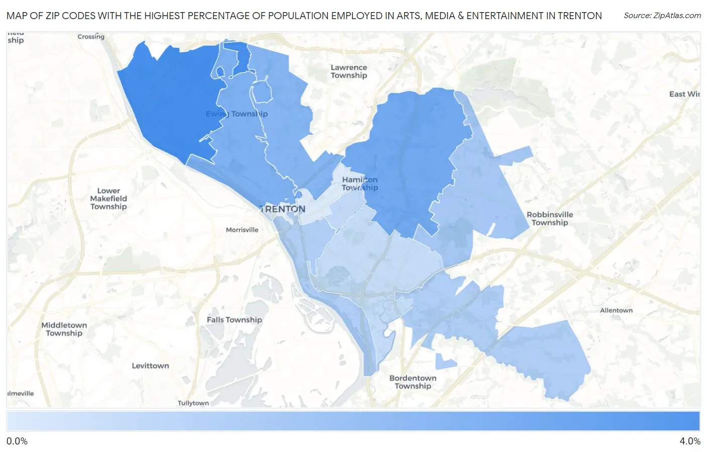 Zip Codes with the Highest Percentage of Population Employed in Arts, Media & Entertainment in Trenton Map