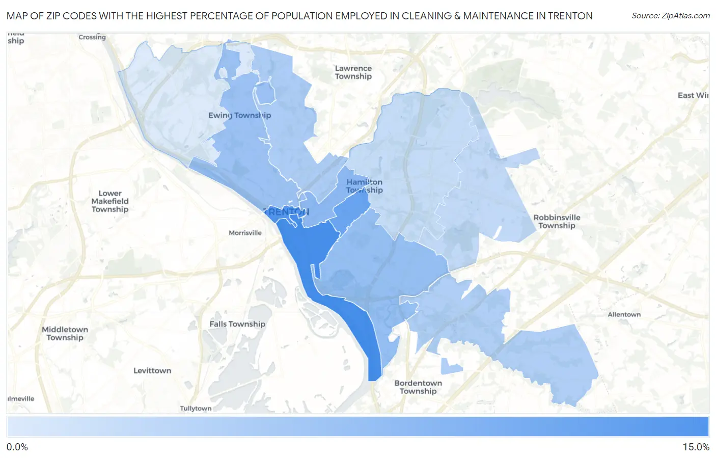 Zip Codes with the Highest Percentage of Population Employed in Cleaning & Maintenance in Trenton Map