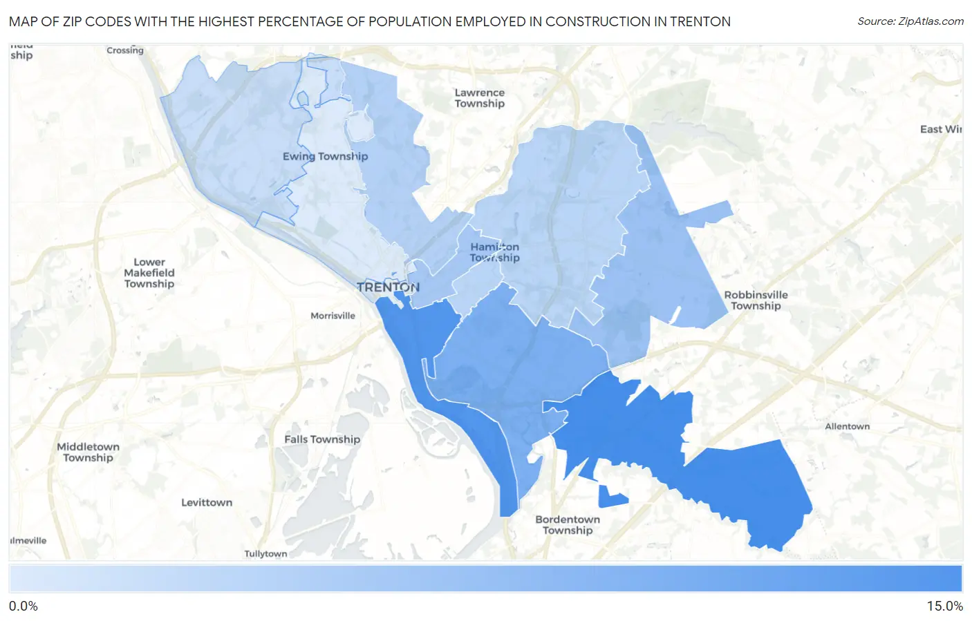 Zip Codes with the Highest Percentage of Population Employed in Construction in Trenton Map