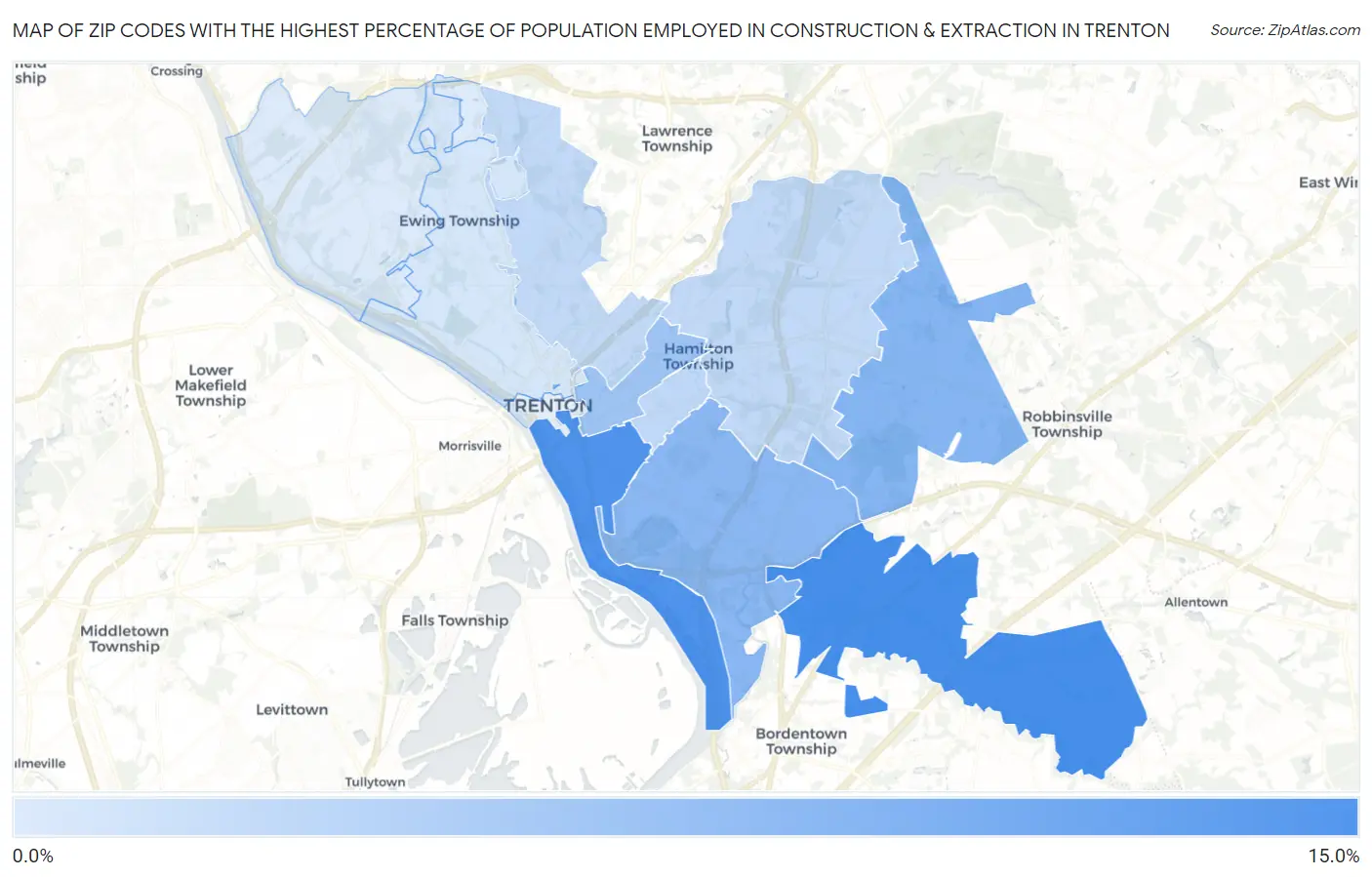 Zip Codes with the Highest Percentage of Population Employed in Construction & Extraction in Trenton Map