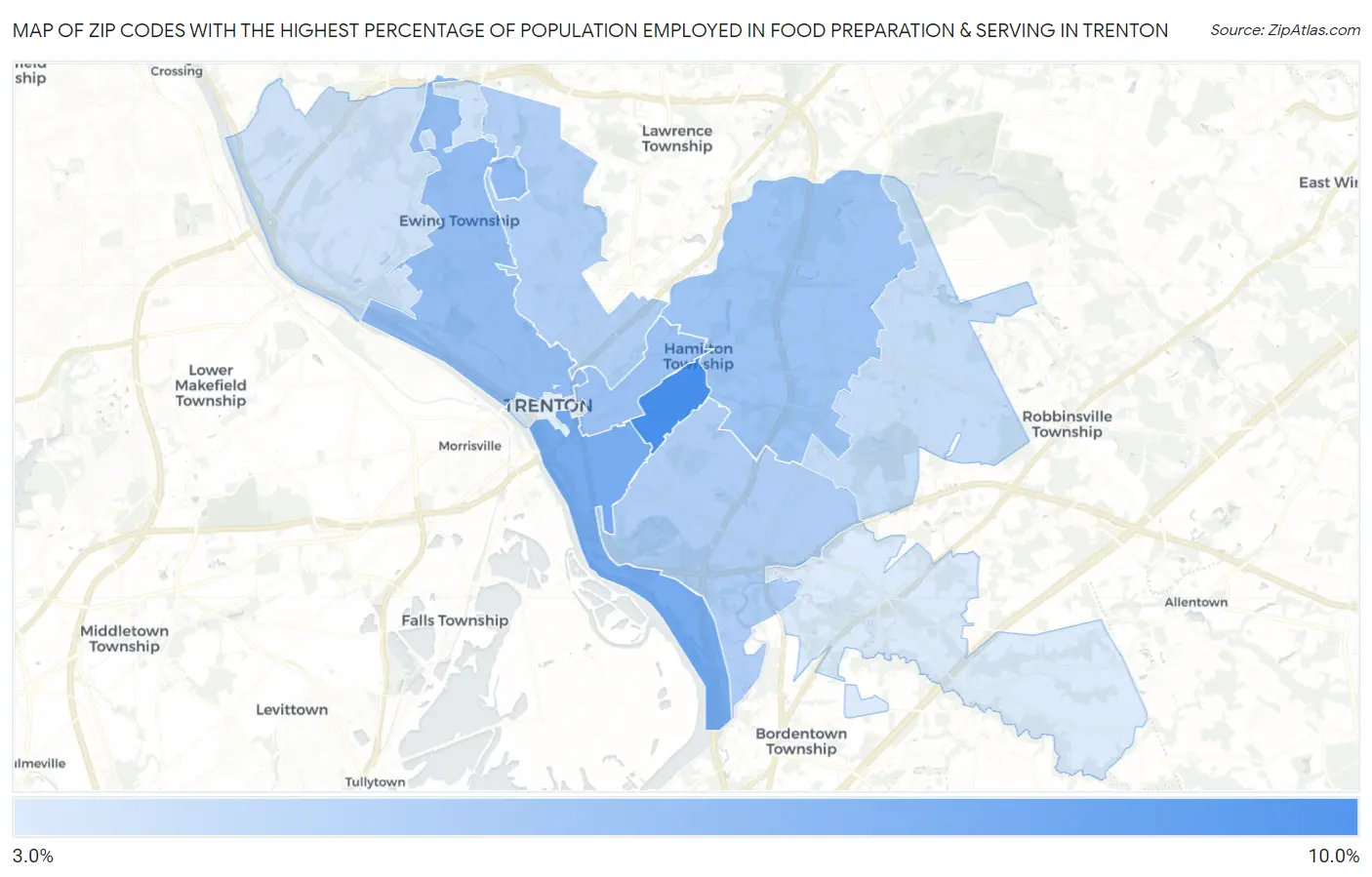 Zip Codes with the Highest Percentage of Population Employed in Food Preparation & Serving in Trenton Map