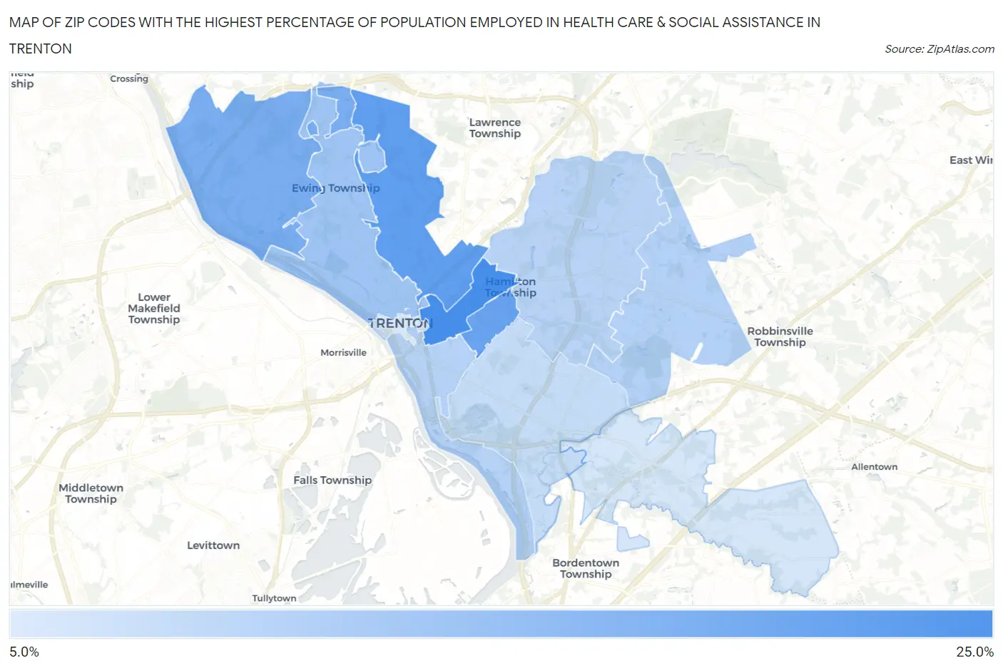 Zip Codes with the Highest Percentage of Population Employed in Health Care & Social Assistance in Trenton Map