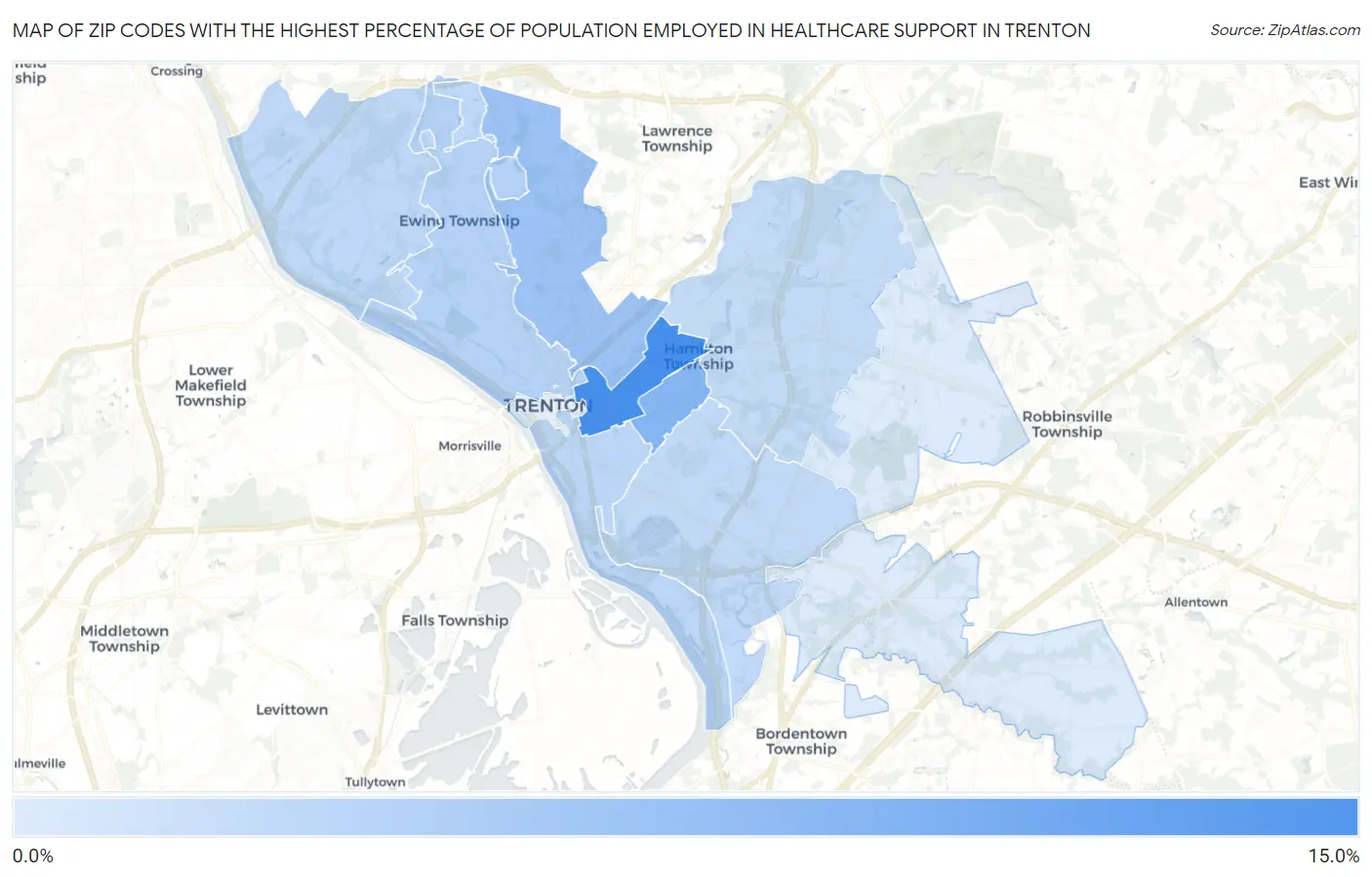 Zip Codes with the Highest Percentage of Population Employed in Healthcare Support in Trenton Map