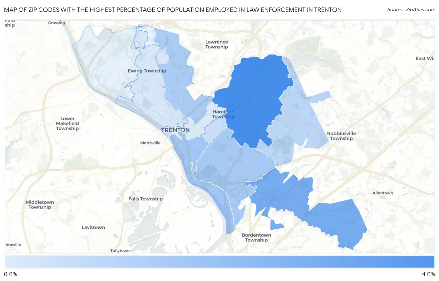 Zip Codes with the Highest Percentage of Population Employed in Law Enforcement in Trenton Map