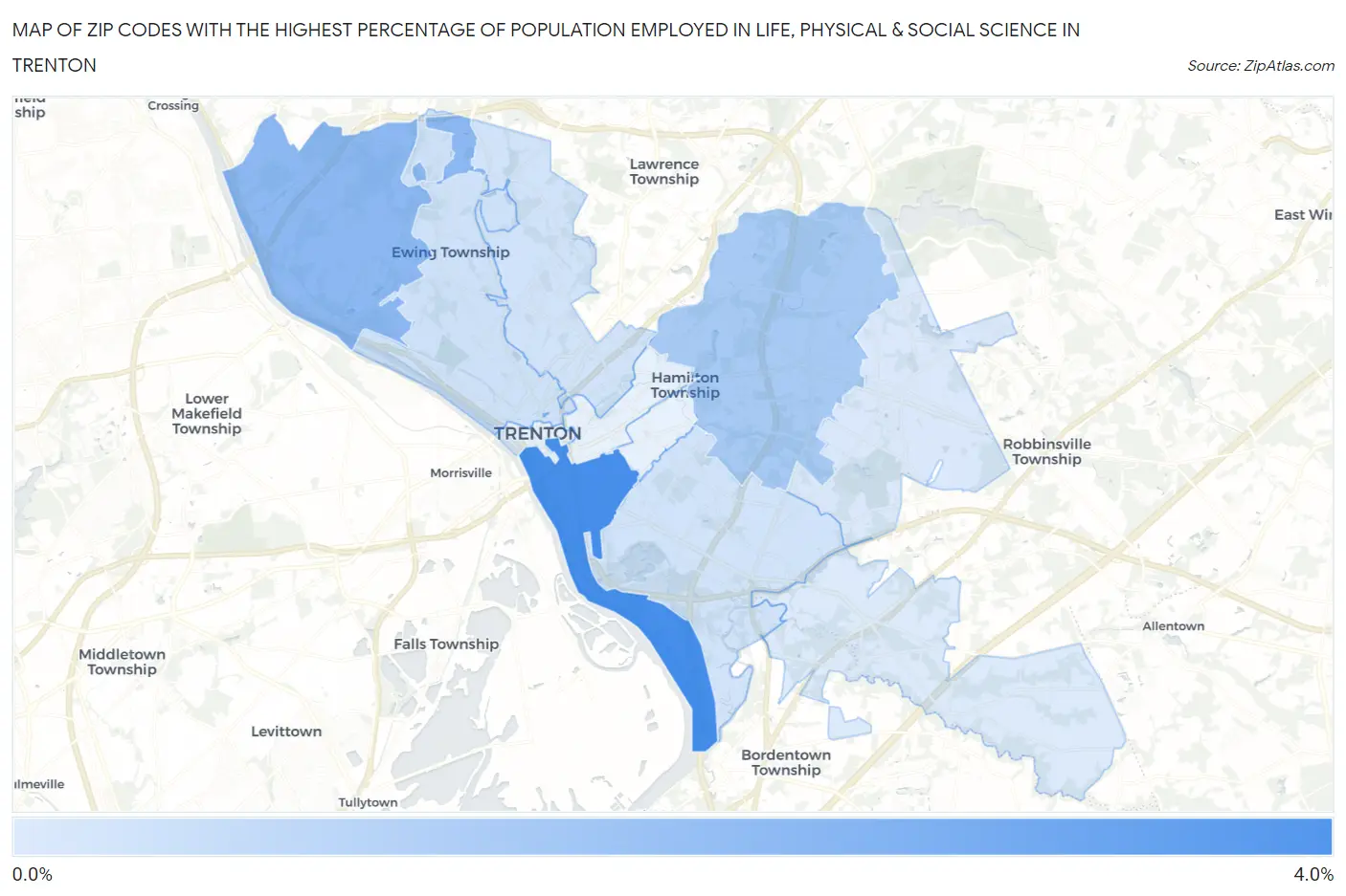 Zip Codes with the Highest Percentage of Population Employed in Life, Physical & Social Science in Trenton Map