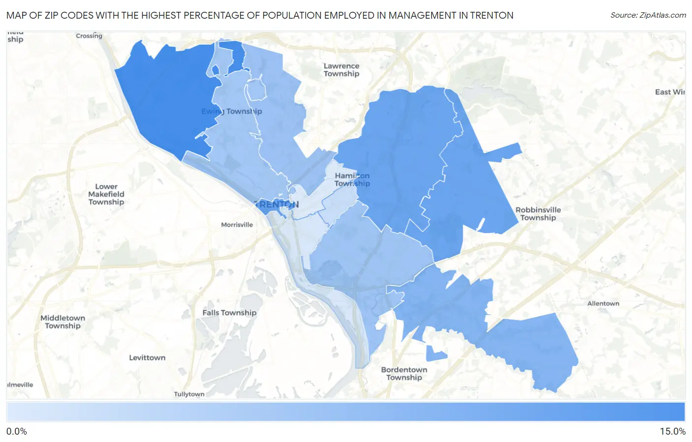 Zip Codes with the Highest Percentage of Population Employed in Management in Trenton Map