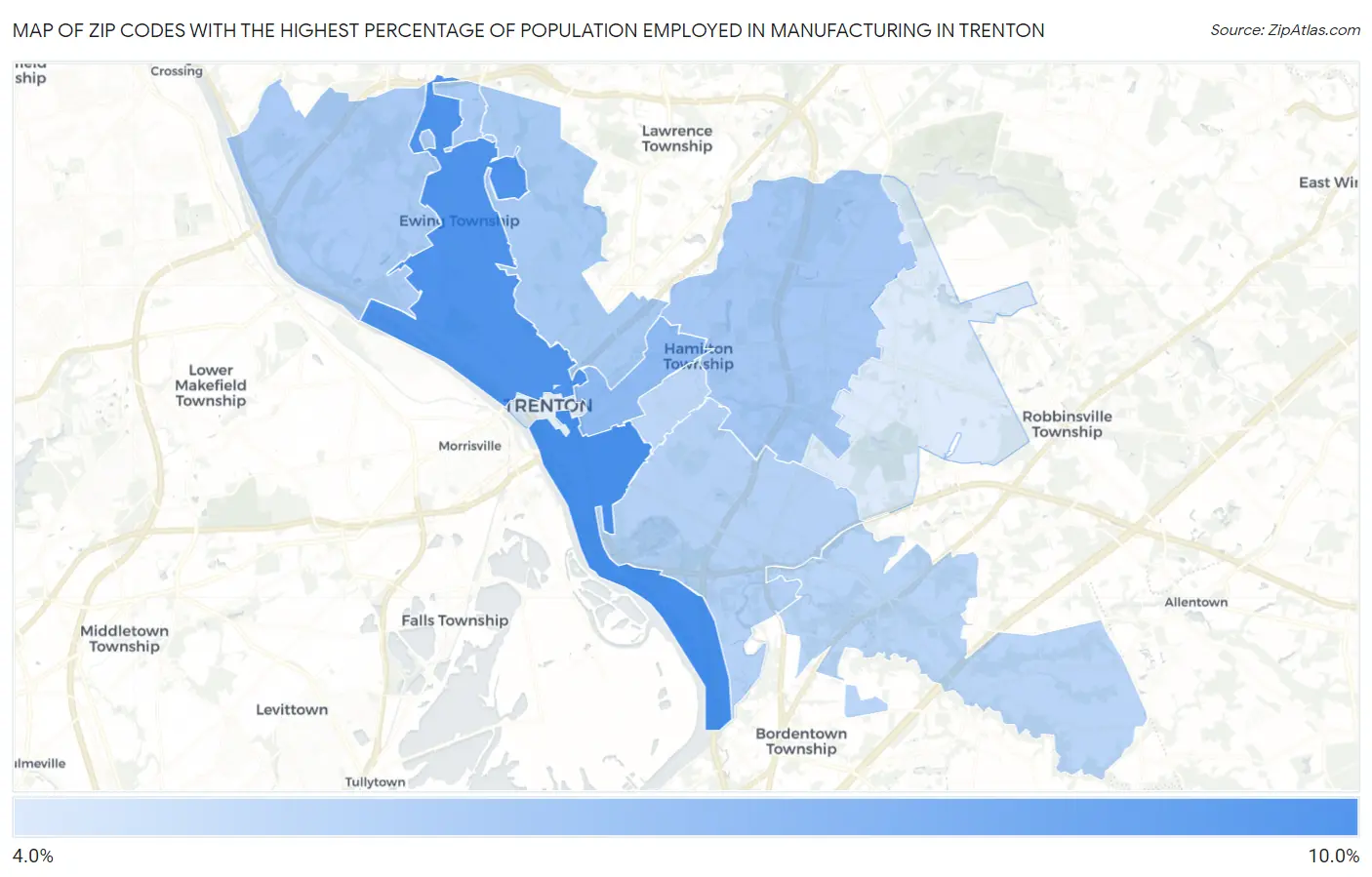 Zip Codes with the Highest Percentage of Population Employed in Manufacturing in Trenton Map