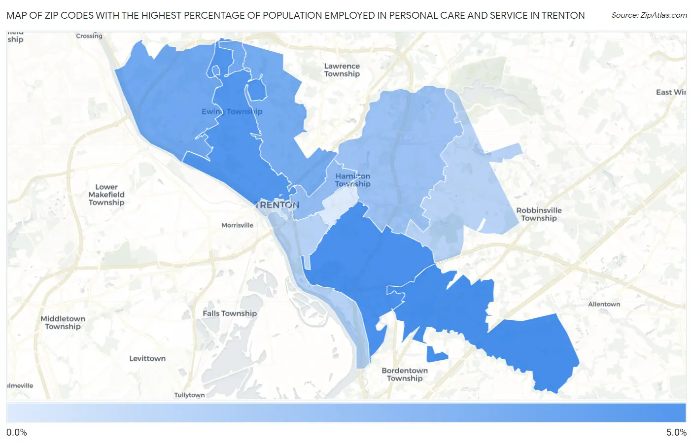 Zip Codes with the Highest Percentage of Population Employed in Personal Care and Service in Trenton Map