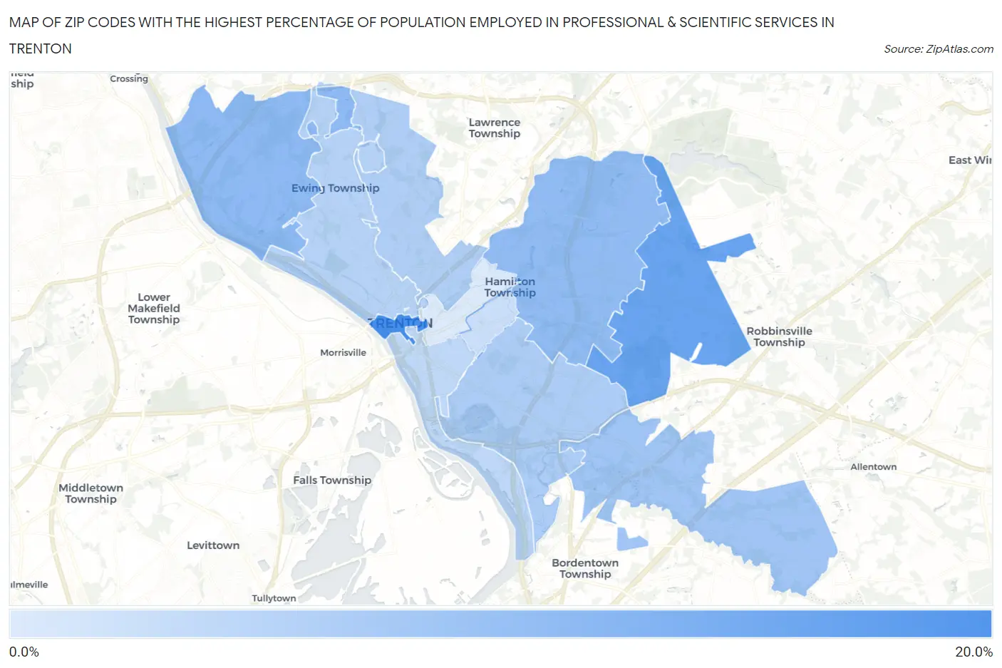 Zip Codes with the Highest Percentage of Population Employed in Professional & Scientific Services in Trenton Map