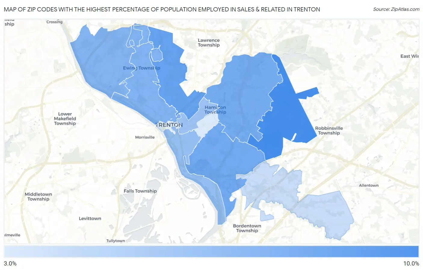 Zip Codes with the Highest Percentage of Population Employed in Sales & Related in Trenton Map