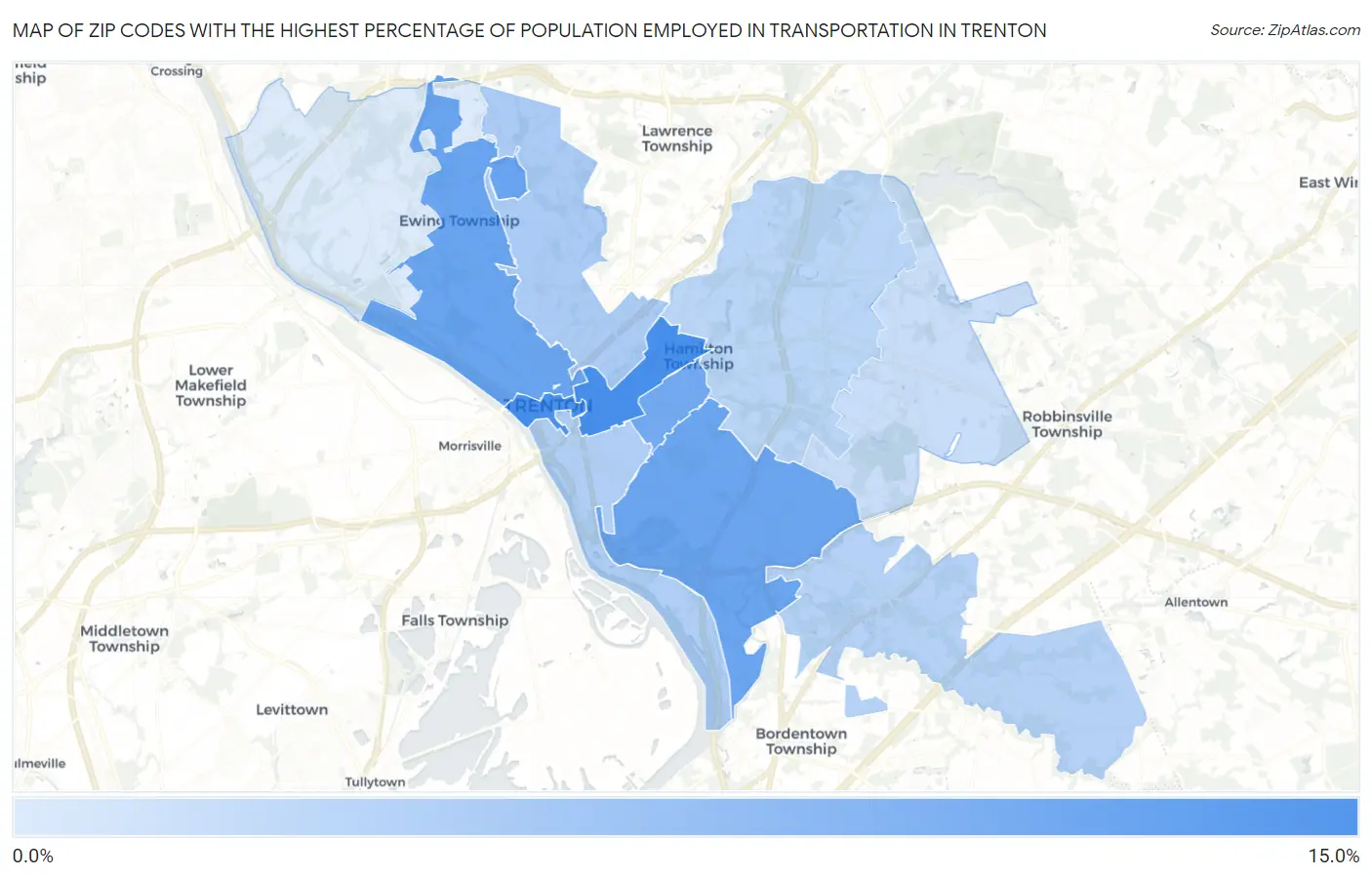 Zip Codes with the Highest Percentage of Population Employed in Transportation in Trenton Map