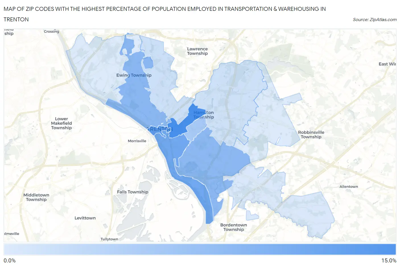 Zip Codes with the Highest Percentage of Population Employed in Transportation & Warehousing in Trenton Map