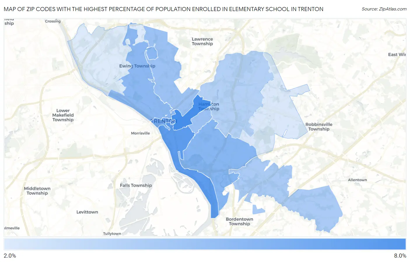 Zip Codes with the Highest Percentage of Population Enrolled in Elementary School in Trenton Map