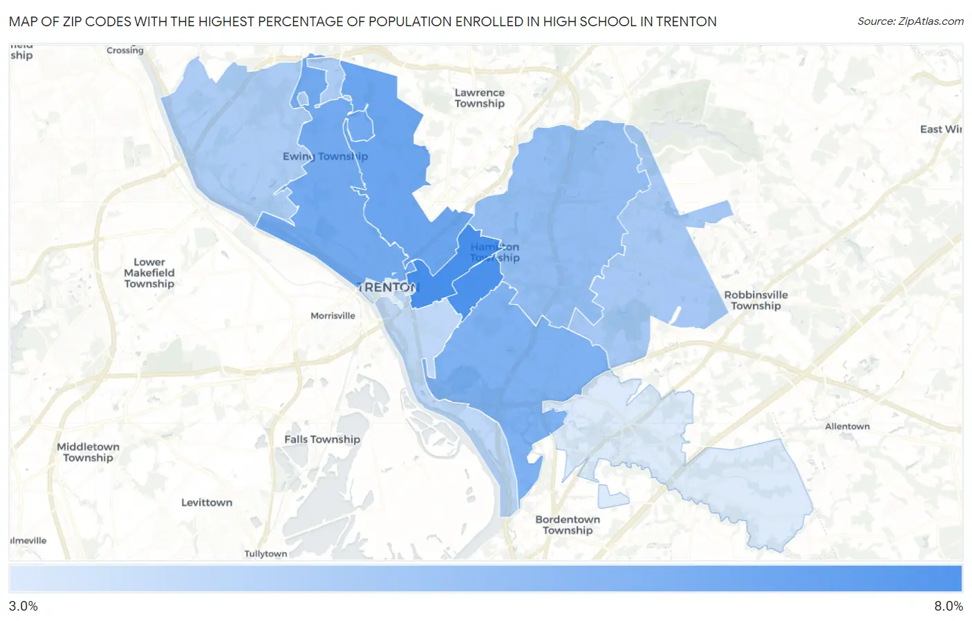 Zip Codes with the Highest Percentage of Population Enrolled in High School in Trenton Map