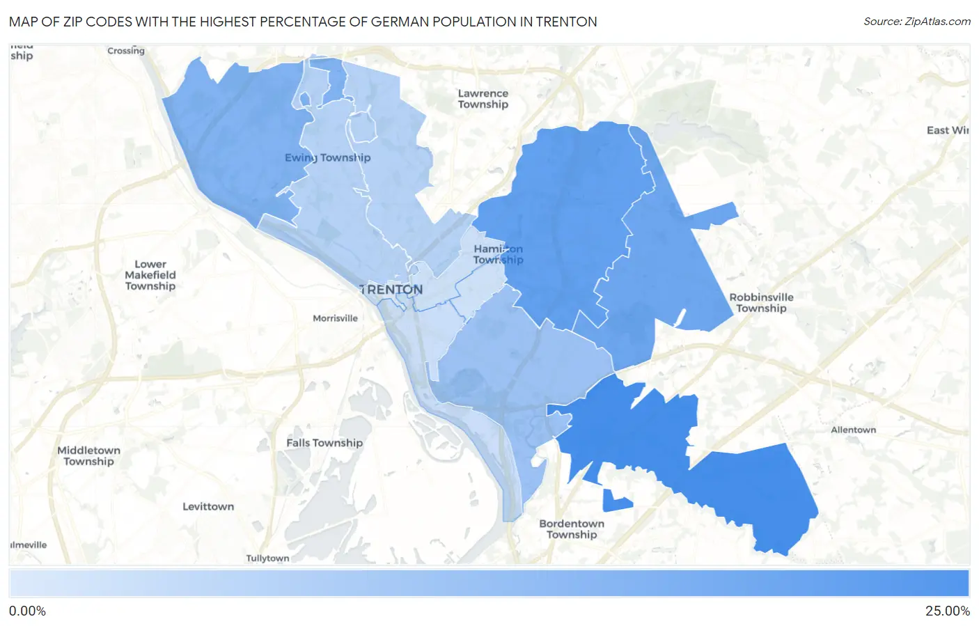 Zip Codes with the Highest Percentage of German Population in Trenton Map
