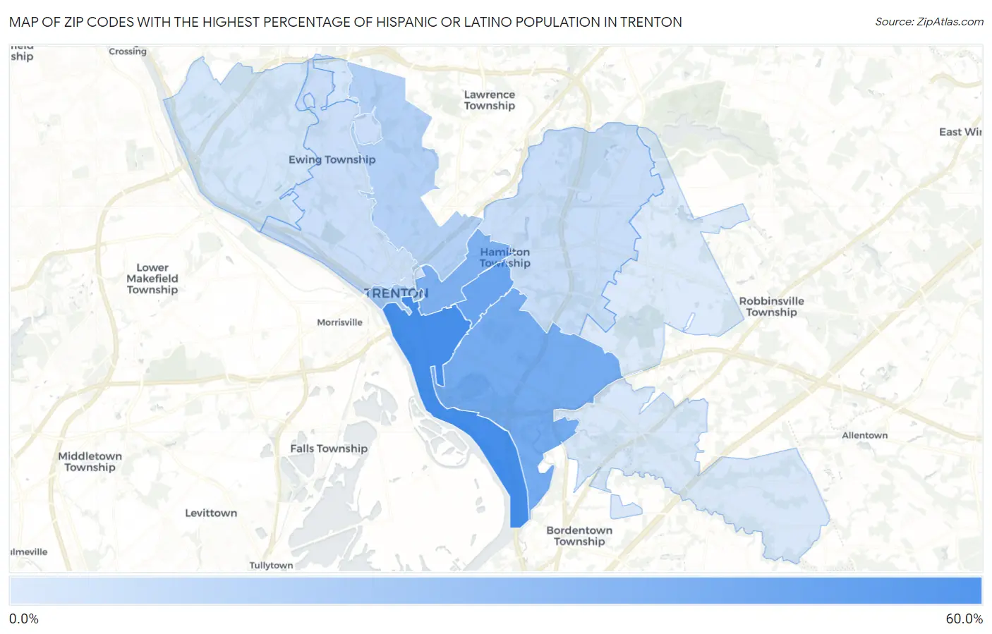 Zip Codes with the Highest Percentage of Hispanic or Latino Population in Trenton Map
