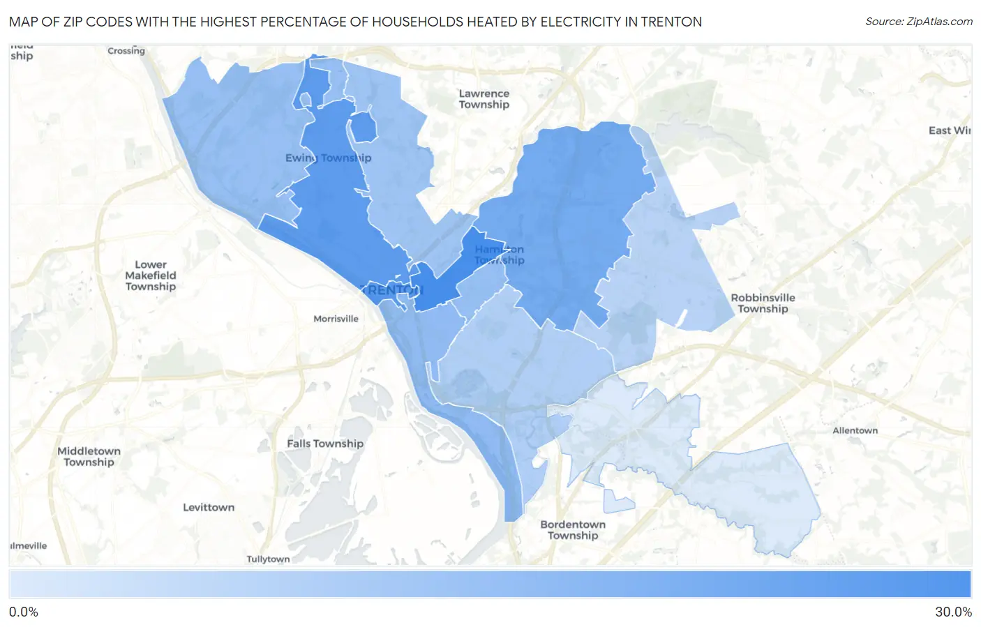 Zip Codes with the Highest Percentage of Households Heated by Electricity in Trenton Map