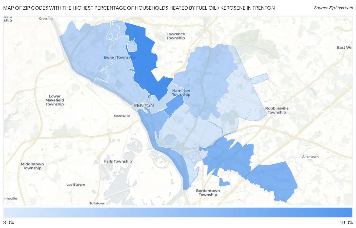 Zip Codes with the Highest Percentage of Households Heated by Fuel Oil / Kerosene in Trenton Map