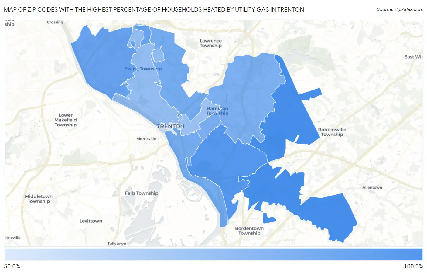 Zip Codes with the Highest Percentage of Households Heated by Utility Gas in Trenton Map