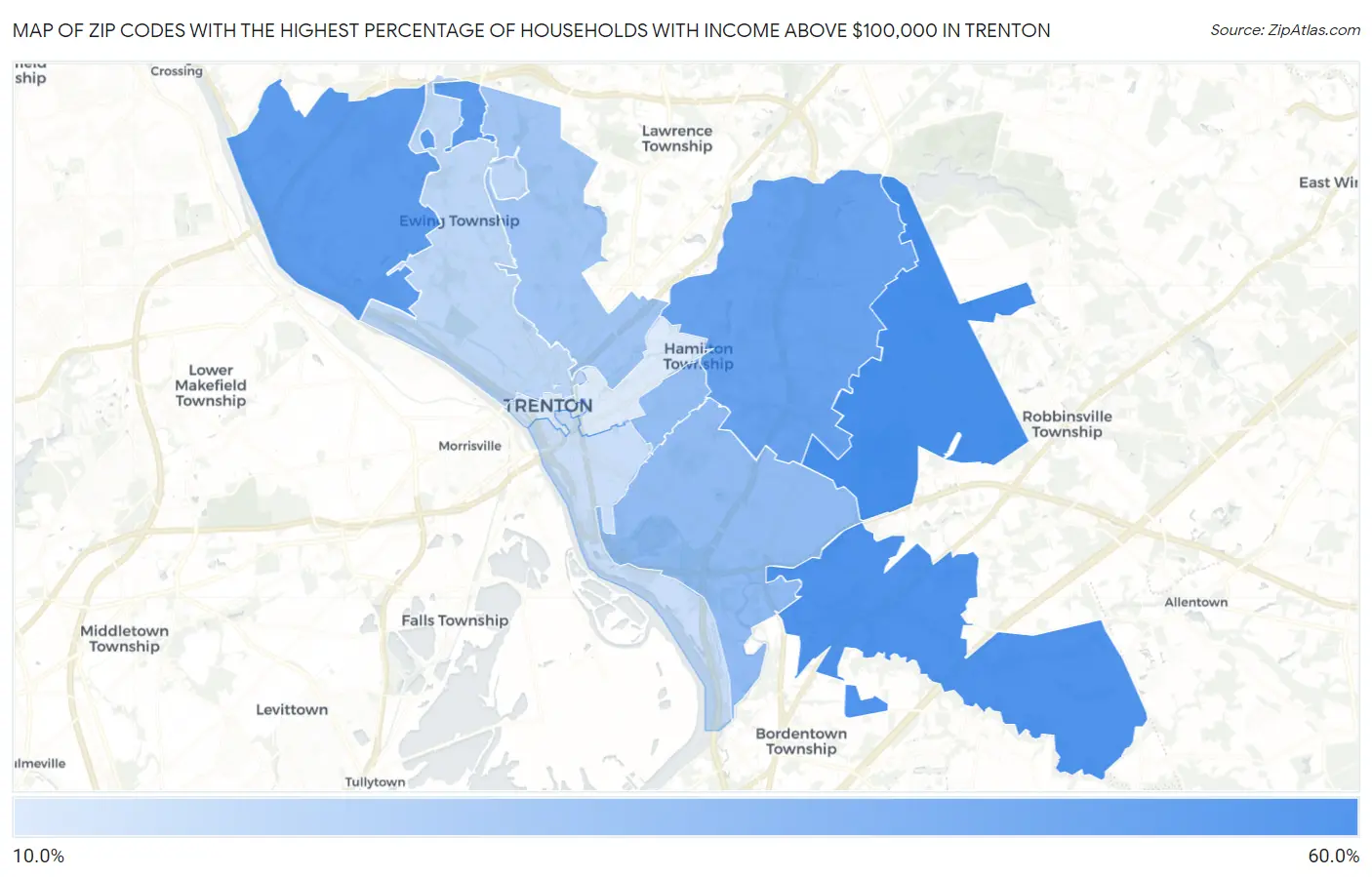Zip Codes with the Highest Percentage of Households with Income Above $100,000 in Trenton Map