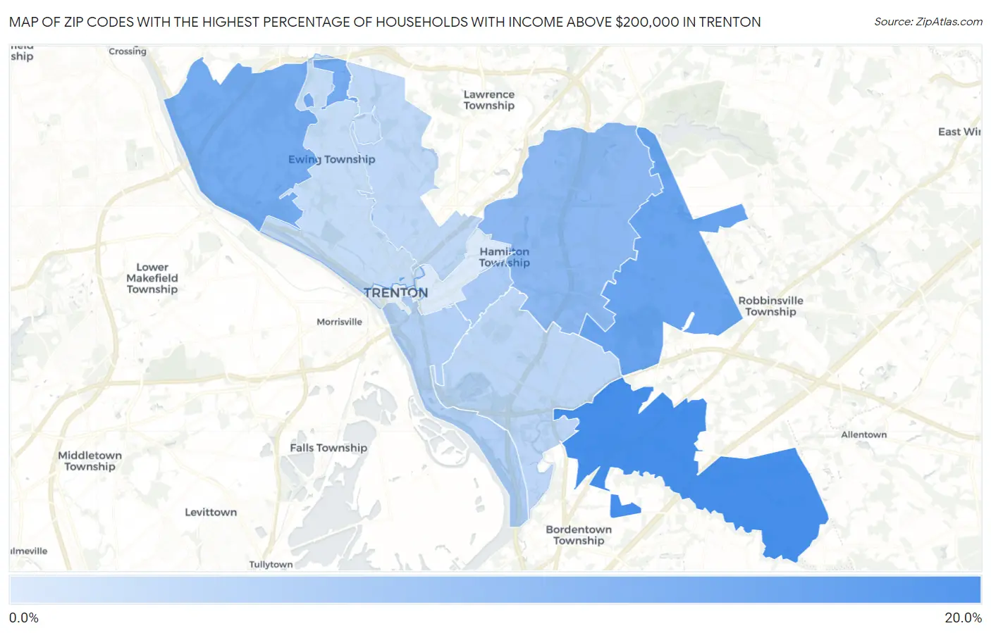 Zip Codes with the Highest Percentage of Households with Income Above $200,000 in Trenton Map
