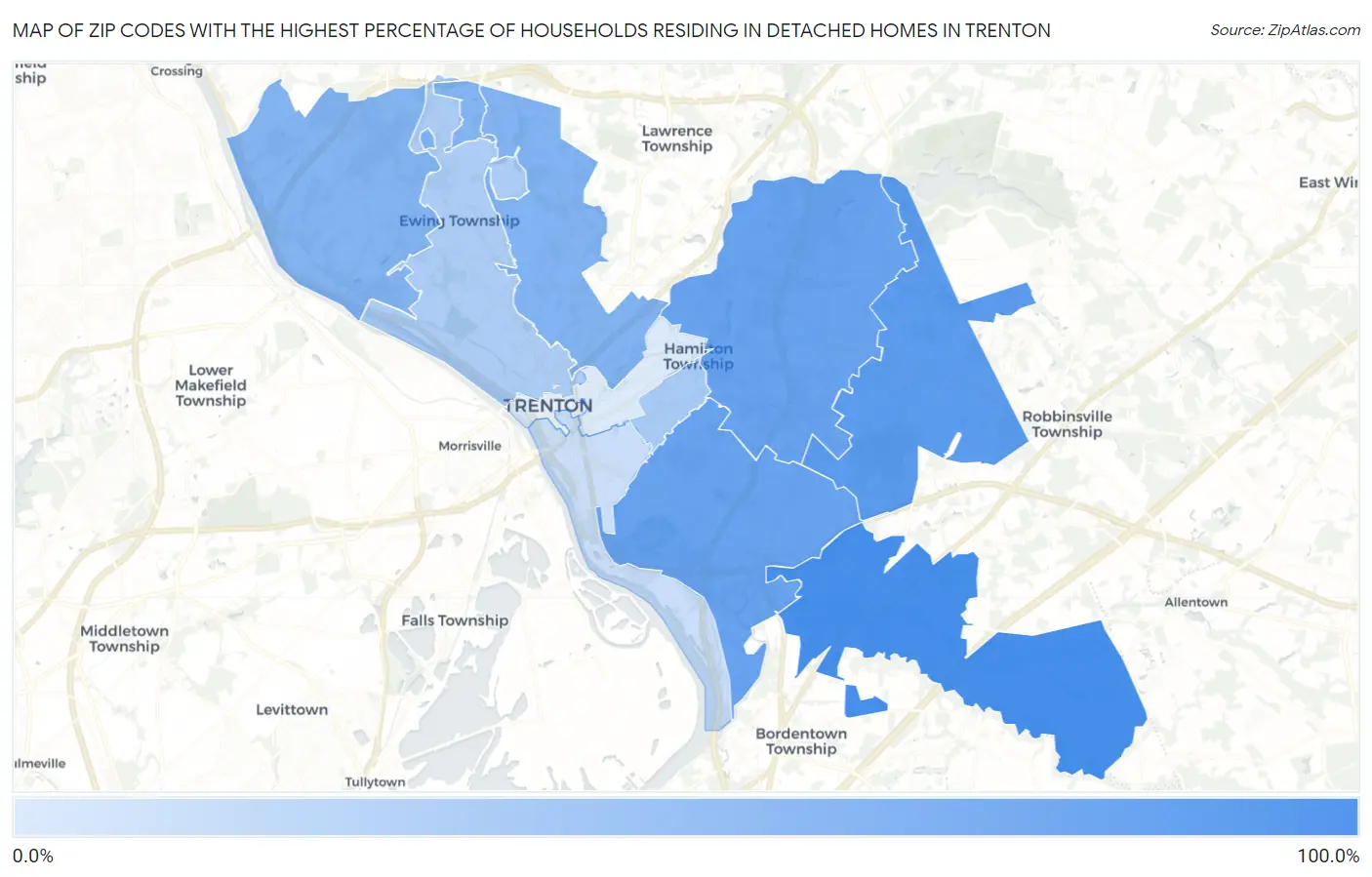 Zip Codes with the Highest Percentage of Households Residing in Detached Homes in Trenton Map