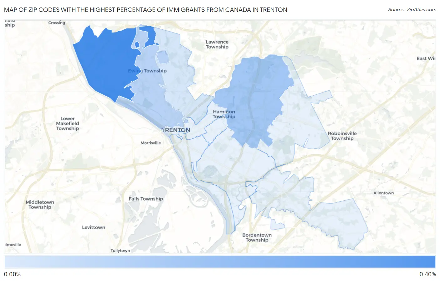 Zip Codes with the Highest Percentage of Immigrants from Canada in Trenton Map