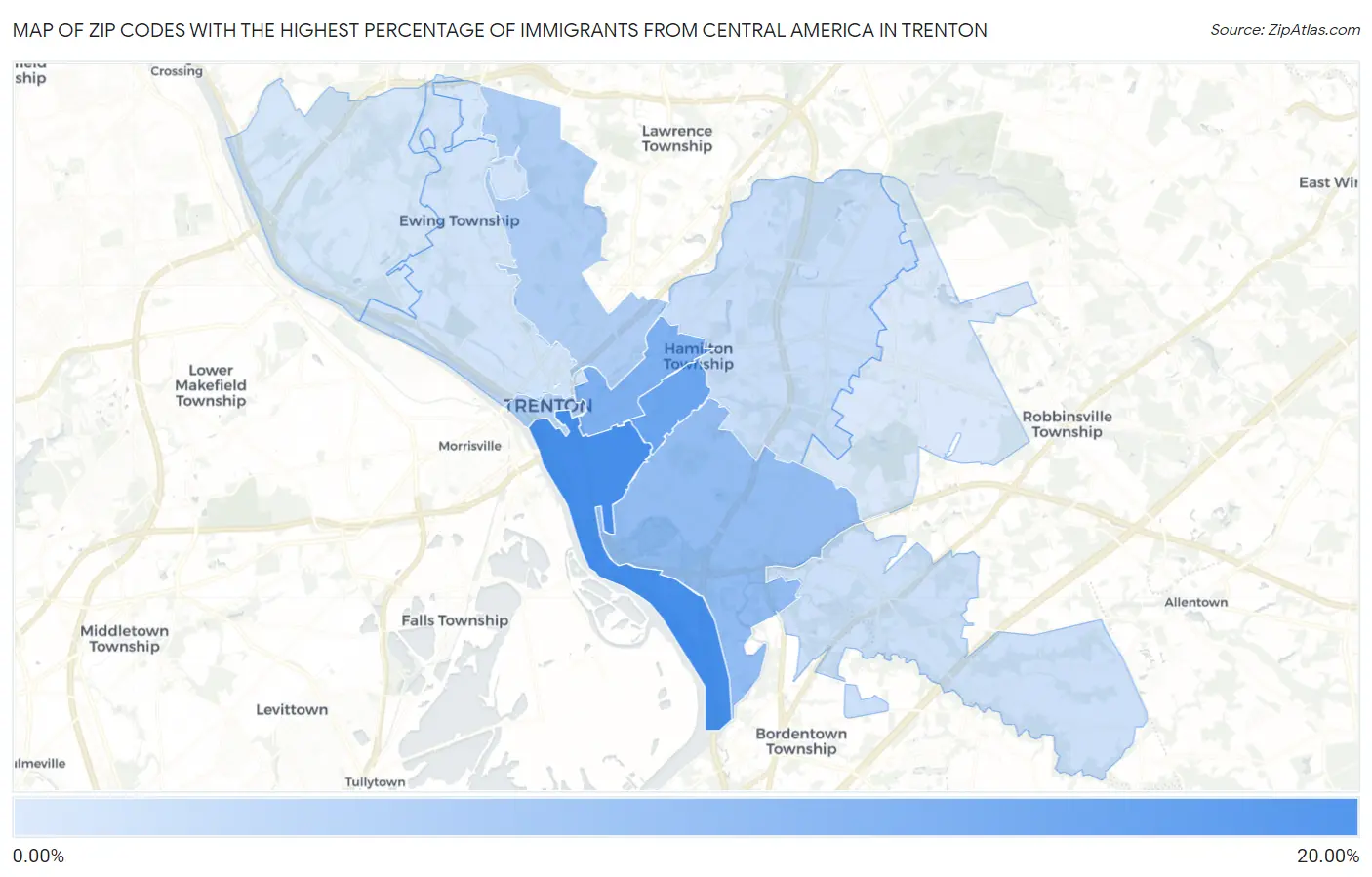 Zip Codes with the Highest Percentage of Immigrants from Central America in Trenton Map