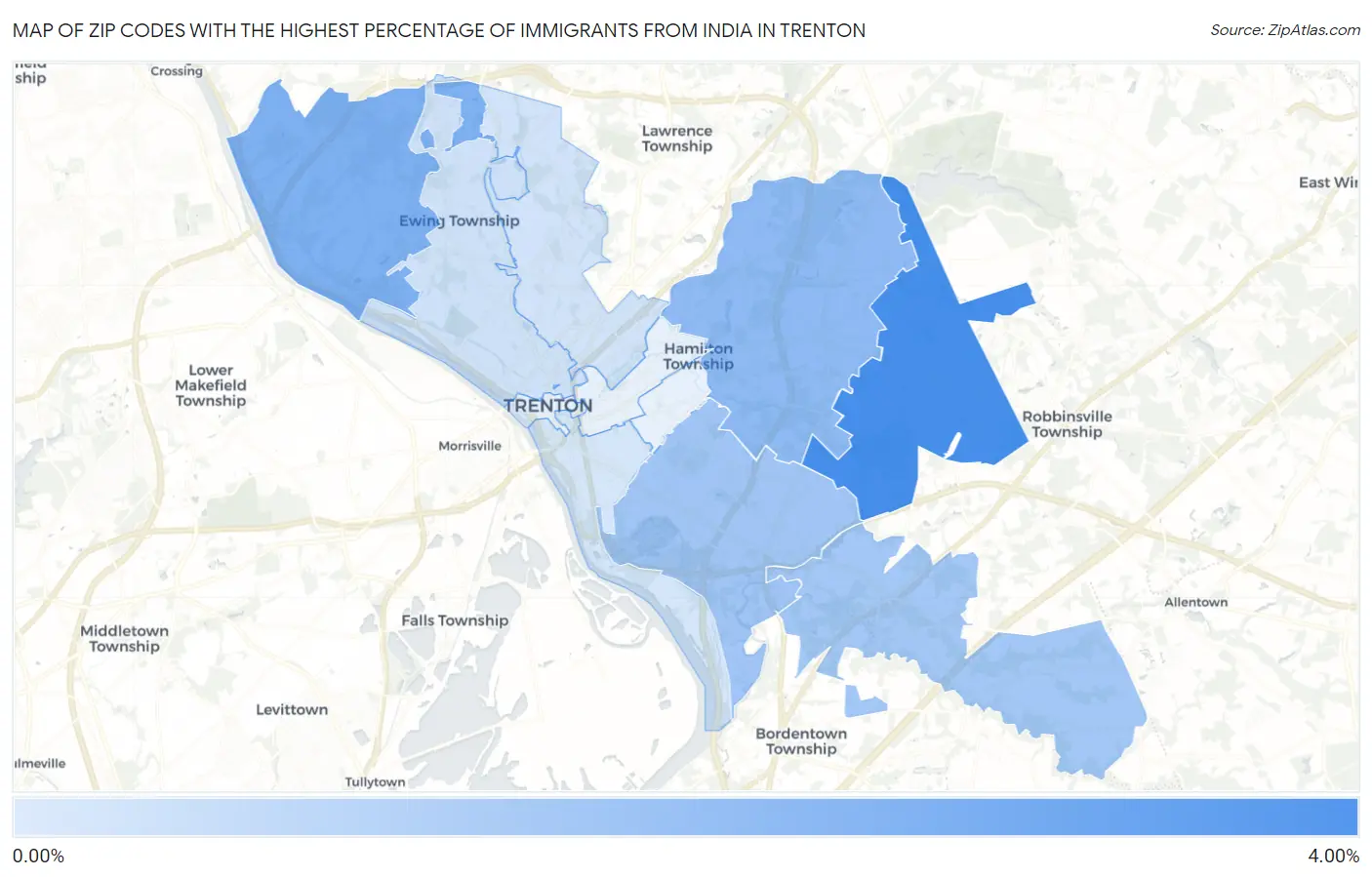 Zip Codes with the Highest Percentage of Immigrants from India in Trenton Map