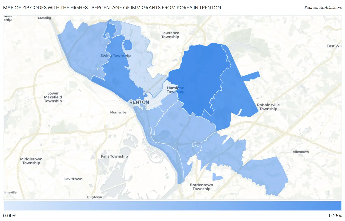 Zip Codes with the Highest Percentage of Immigrants from Korea in Trenton Map