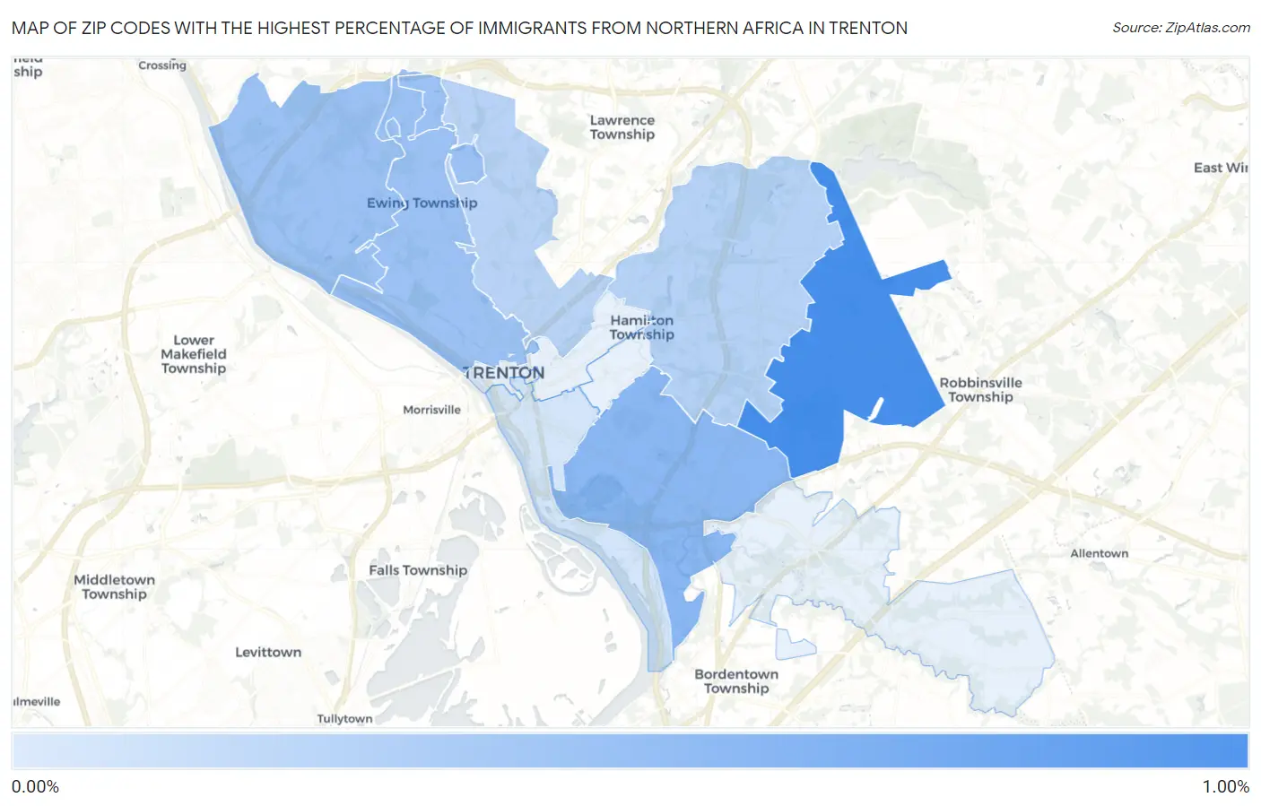 Zip Codes with the Highest Percentage of Immigrants from Northern Africa in Trenton Map