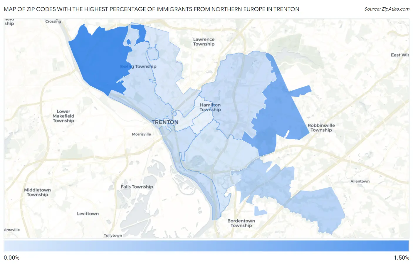 Zip Codes with the Highest Percentage of Immigrants from Northern Europe in Trenton Map