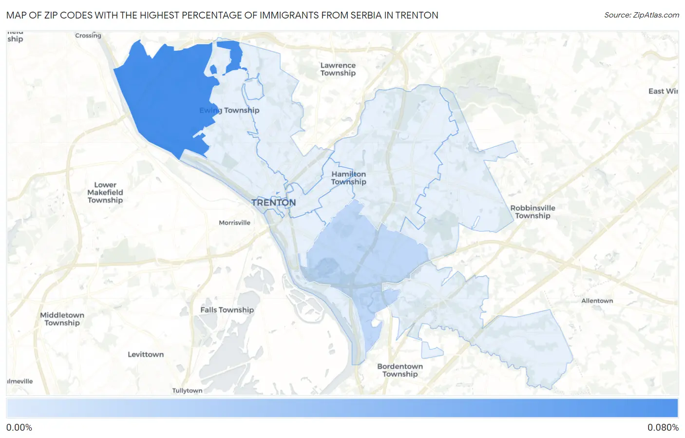 Zip Codes with the Highest Percentage of Immigrants from Serbia in Trenton Map