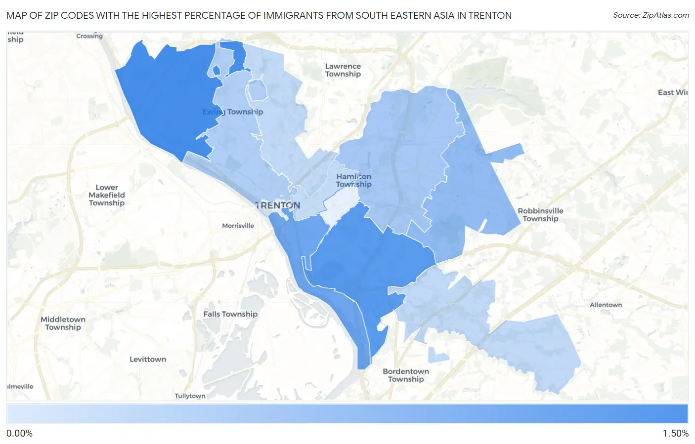 Zip Codes with the Highest Percentage of Immigrants from South Eastern Asia in Trenton Map