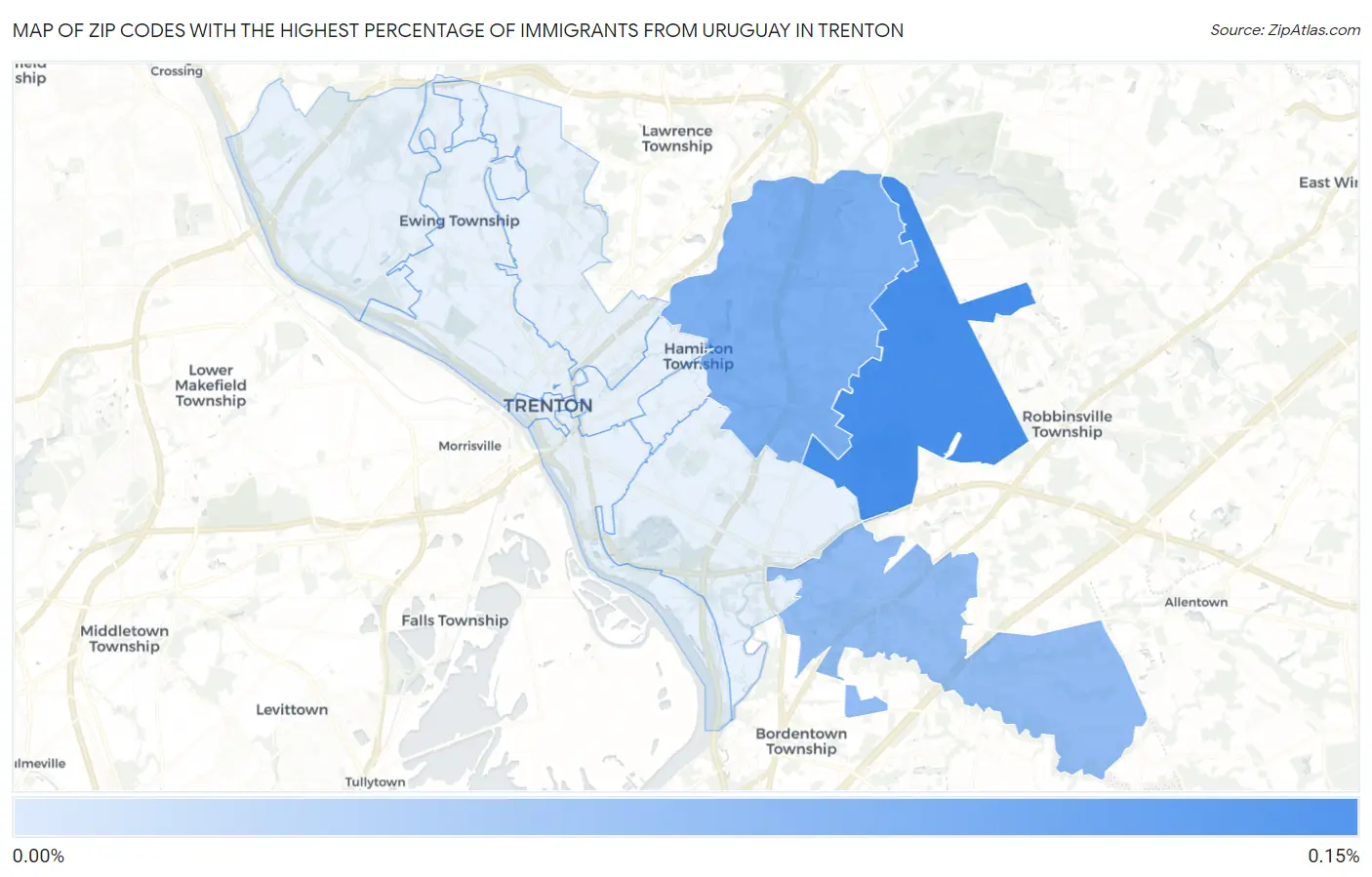 Zip Codes with the Highest Percentage of Immigrants from Uruguay in Trenton Map