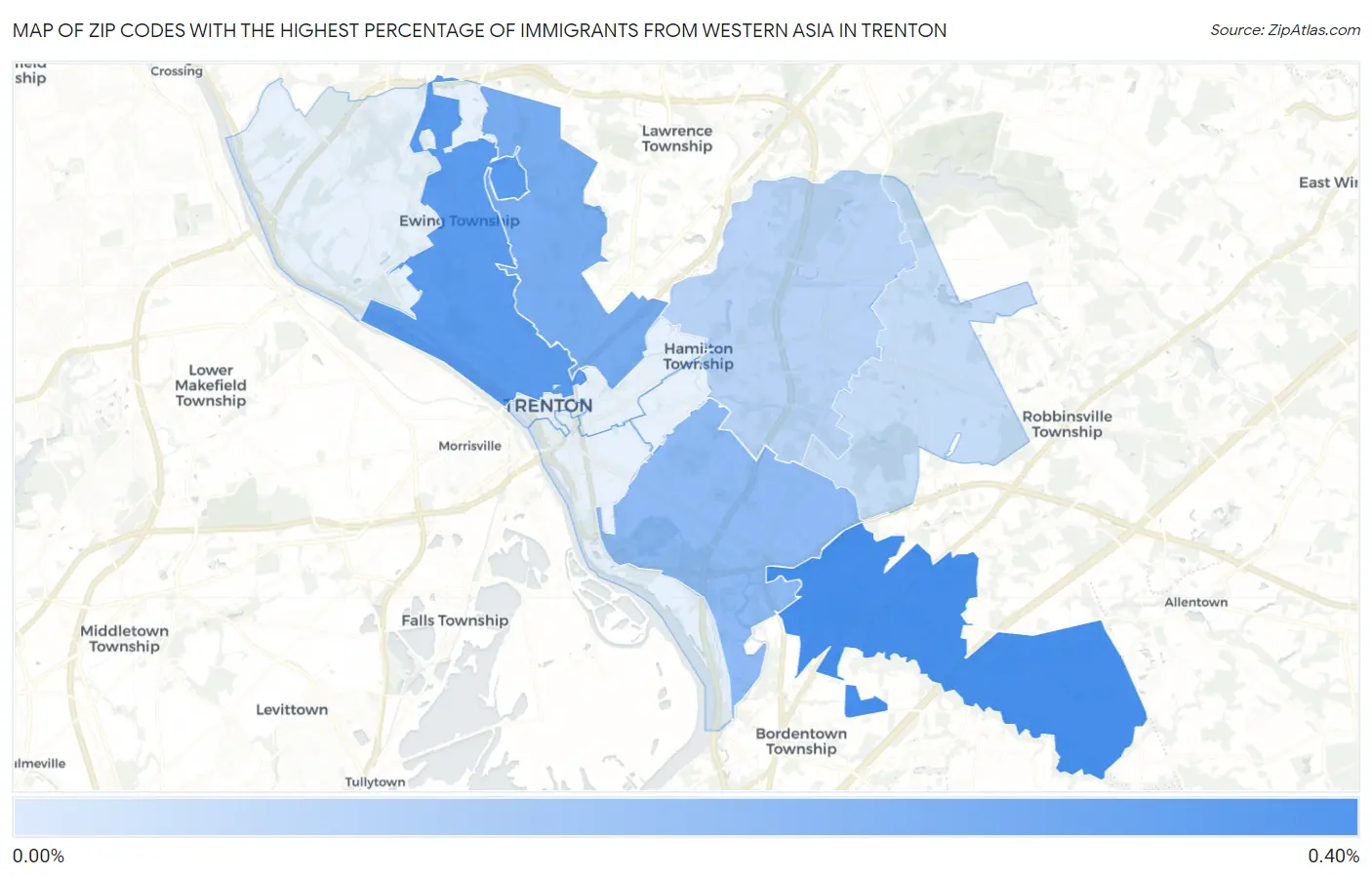 Zip Codes with the Highest Percentage of Immigrants from Western Asia in Trenton Map