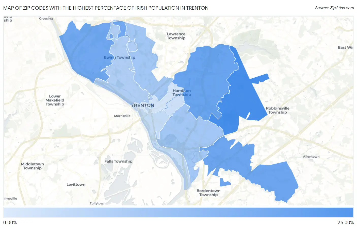 Zip Codes with the Highest Percentage of Irish Population in Trenton Map