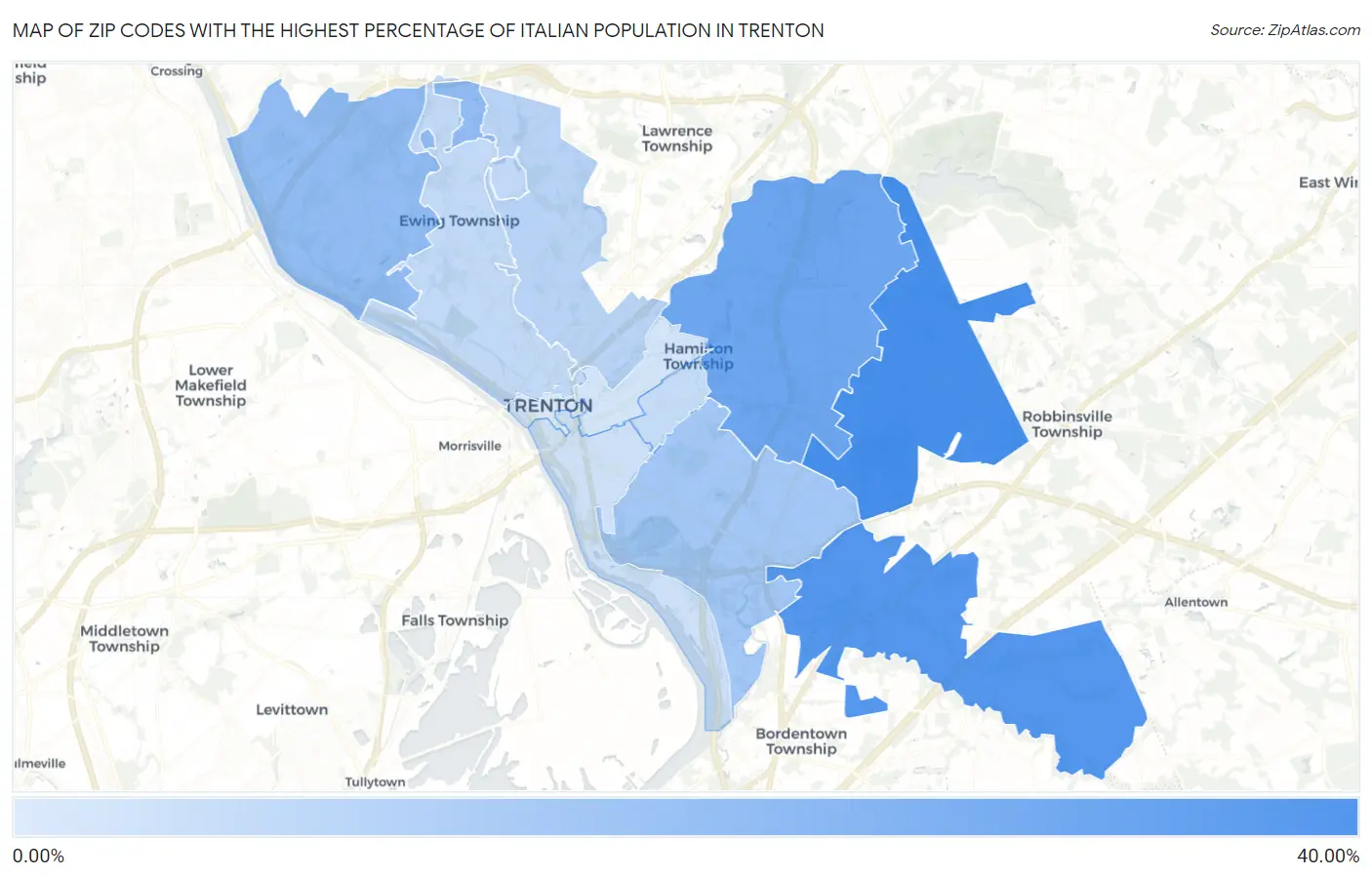 Zip Codes with the Highest Percentage of Italian Population in Trenton Map