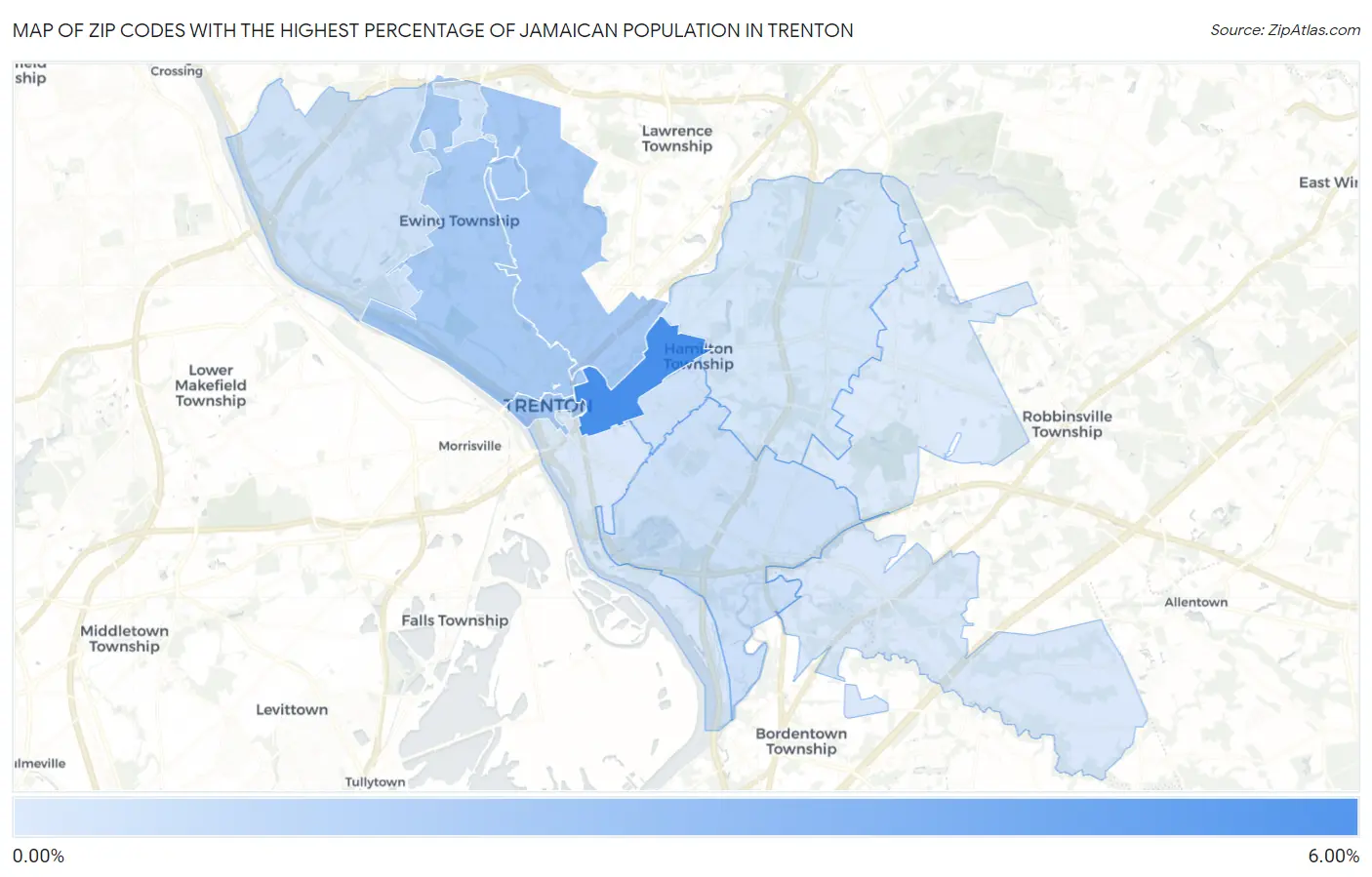 Zip Codes with the Highest Percentage of Jamaican Population in Trenton Map