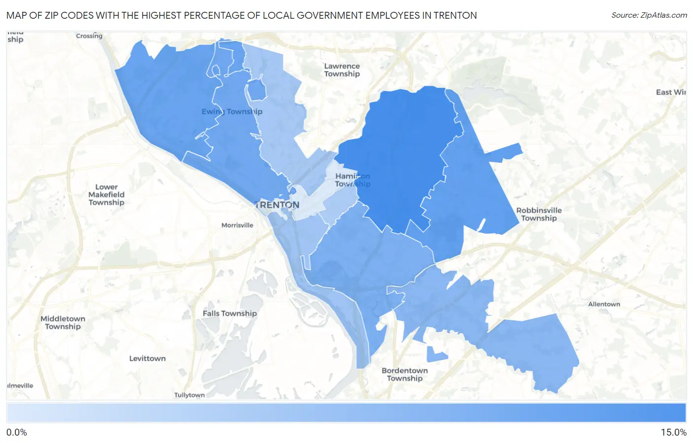 Zip Codes with the Highest Percentage of Local Government Employees in Trenton Map