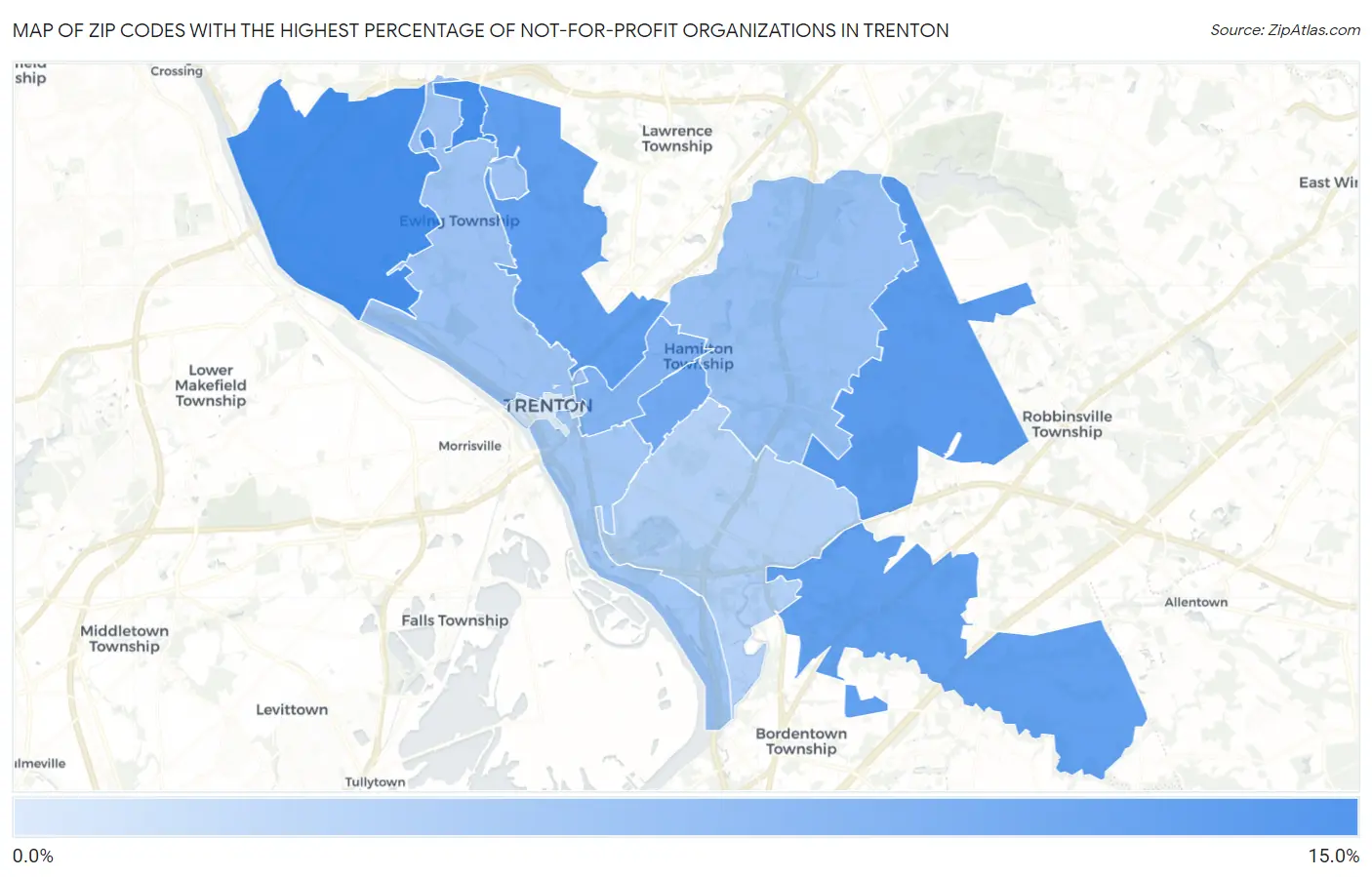 Zip Codes with the Highest Percentage of Not-for-profit Organizations in Trenton Map