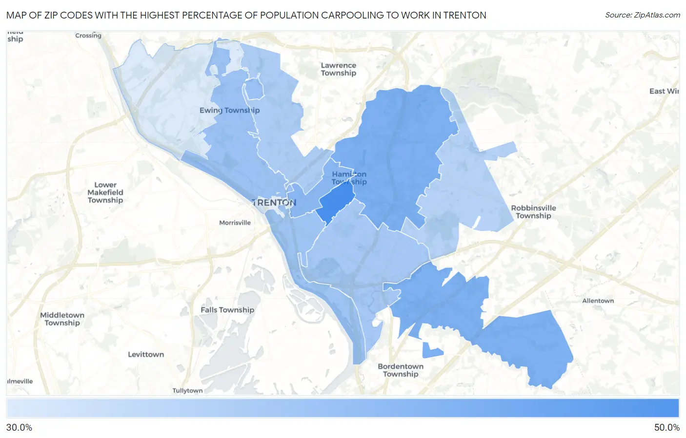 Zip Codes with the Highest Percentage of Population Carpooling to Work in Trenton Map